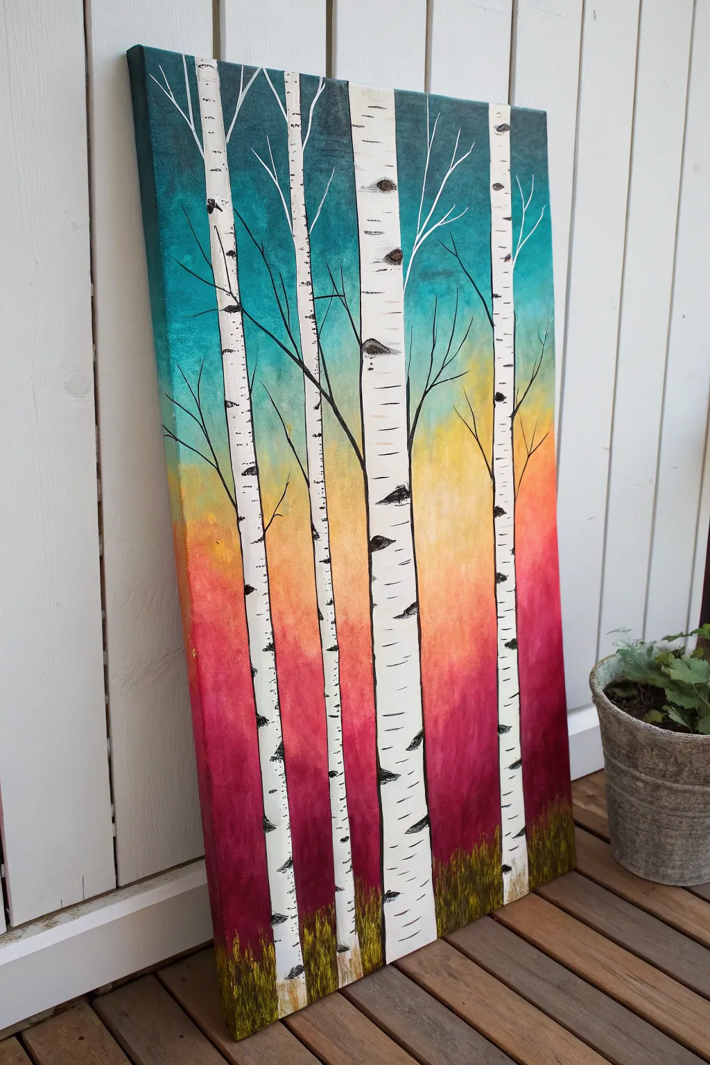 Vibrant blended background makes crisp white birch trunks stand out with quick vertical strokes.