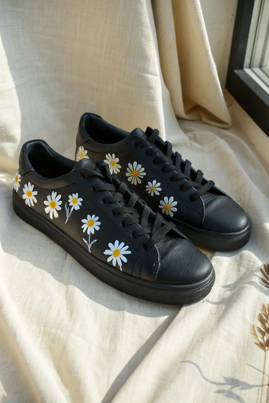 Mini white daisies pop on matte black shoes, a minimalist acrylic design with handmade charm