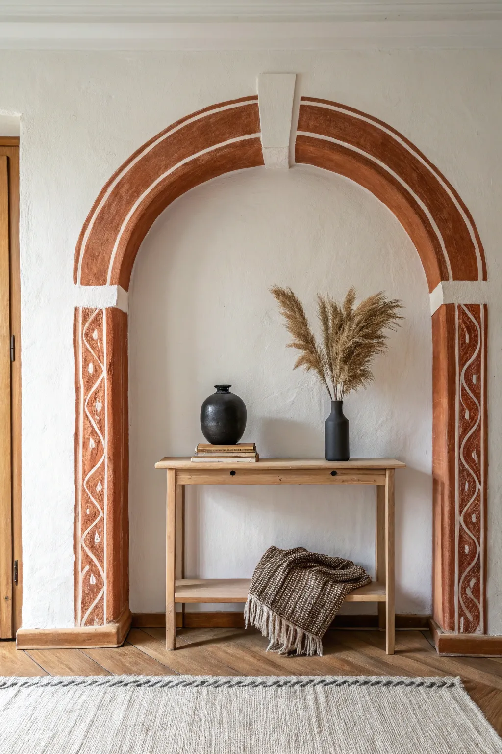 Acrylic painted arch behind a simple console creates an instant cozy focal nook at home.