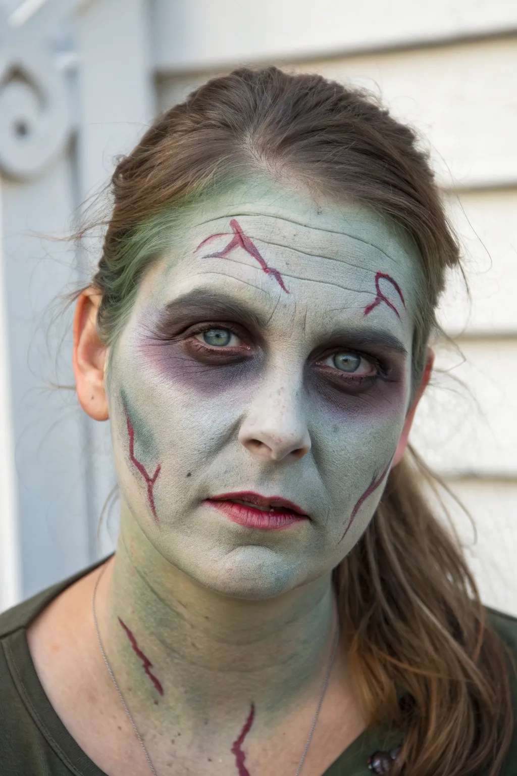 Realistic zombie bruising face paint in mottled greens and grays, lit to highlight crisp texture.