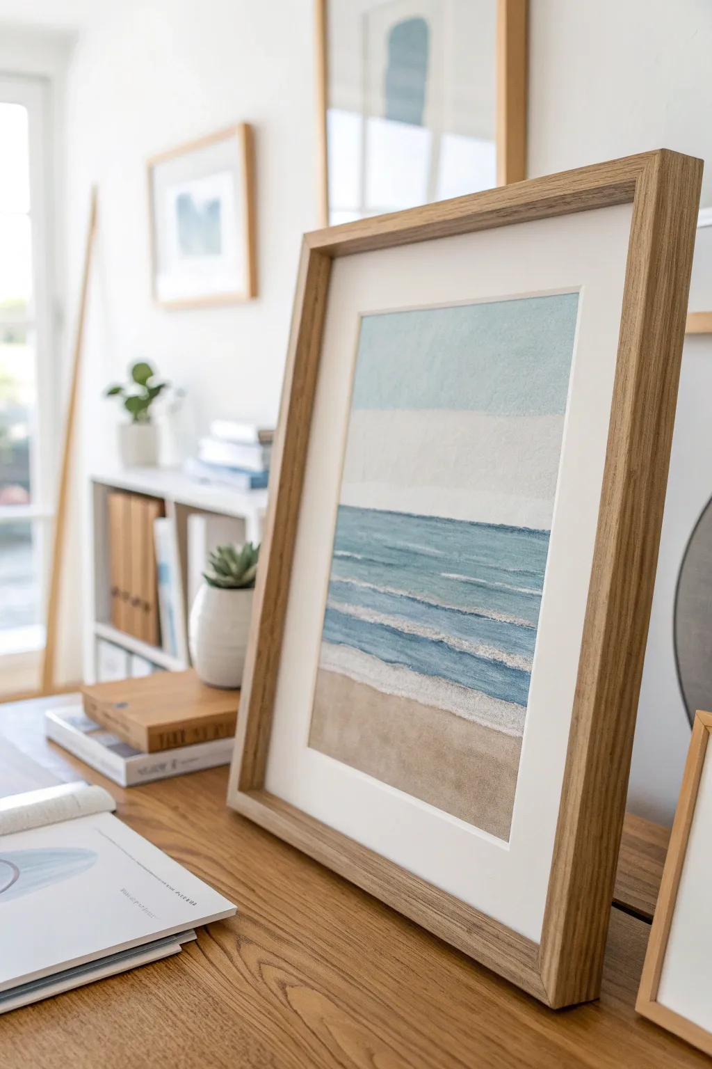 Calm coastal color study: misty blues, sandy beige, and soft gray in a clean oak frame
