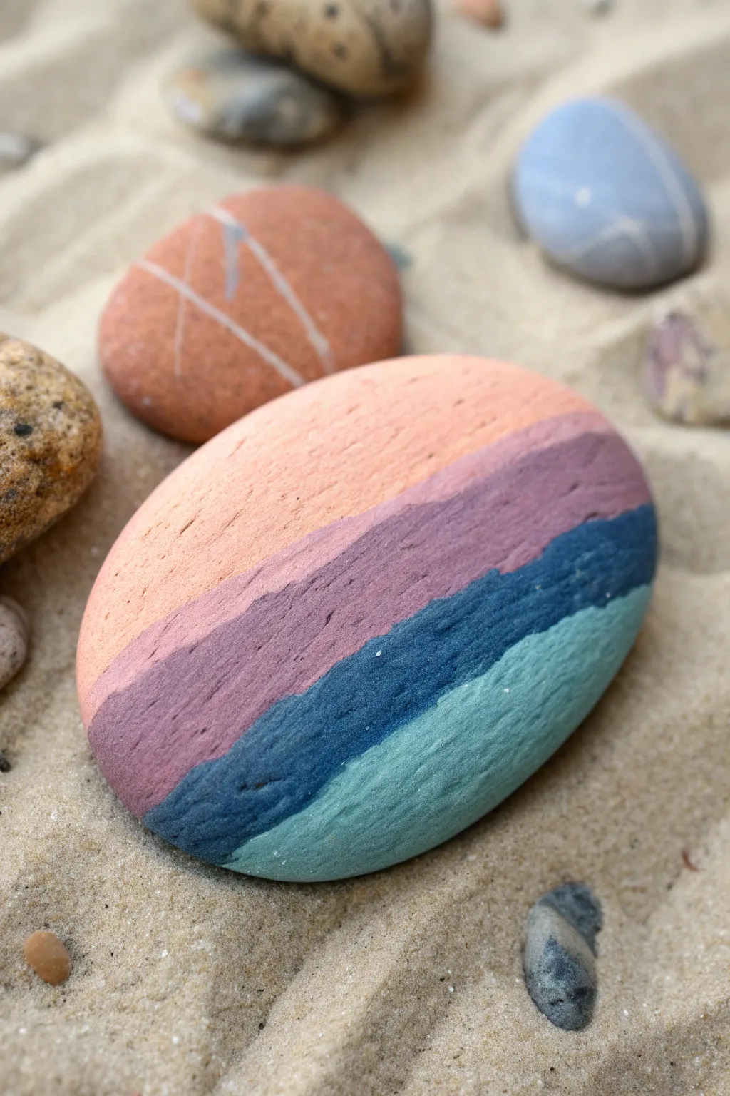 Cozy sunset horizon rock on warm sand paper, minimalist boho vibe with crisp contrast