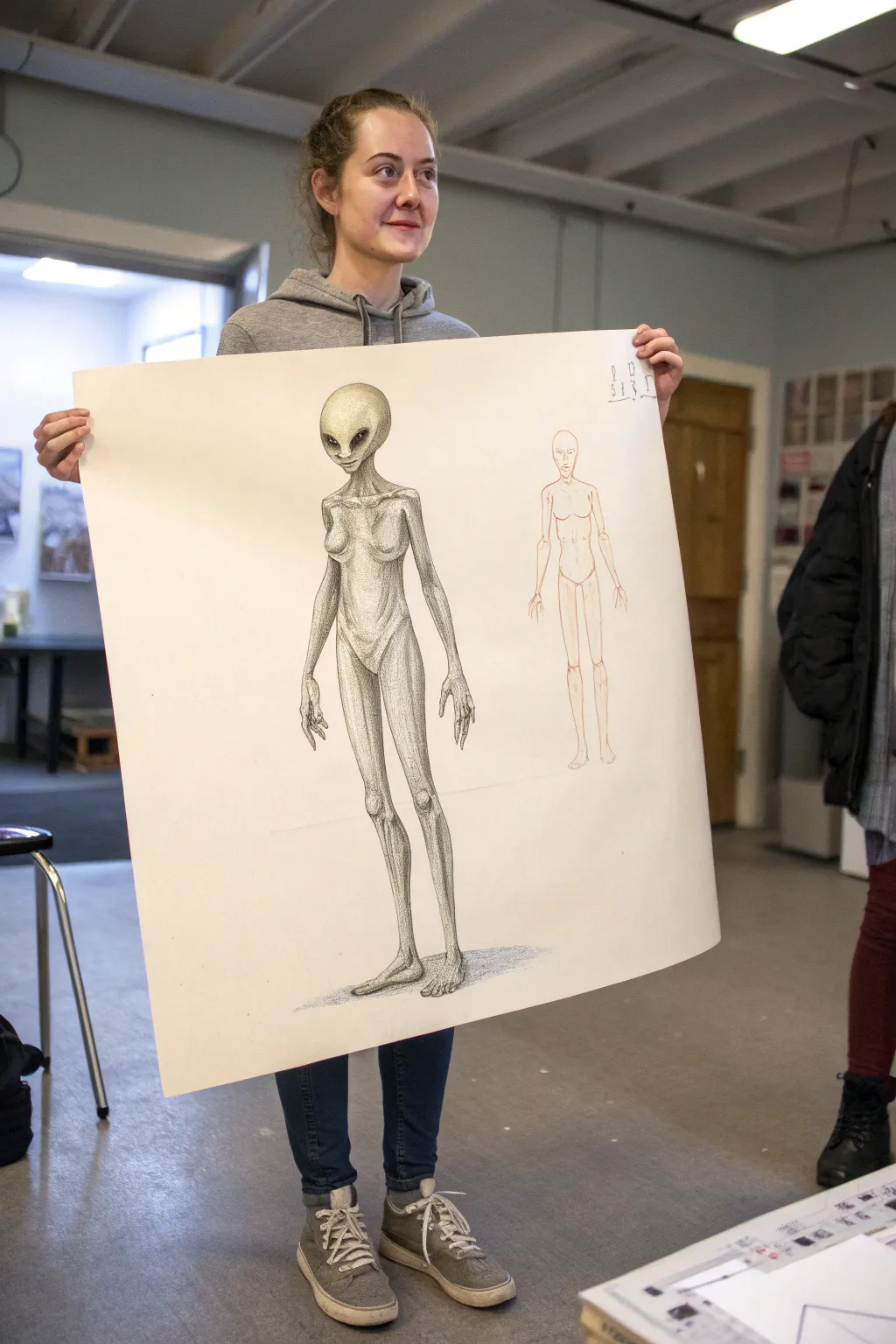 Minimal alien anatomy study with digitigrade legs and joint markers, clean and boho calm.