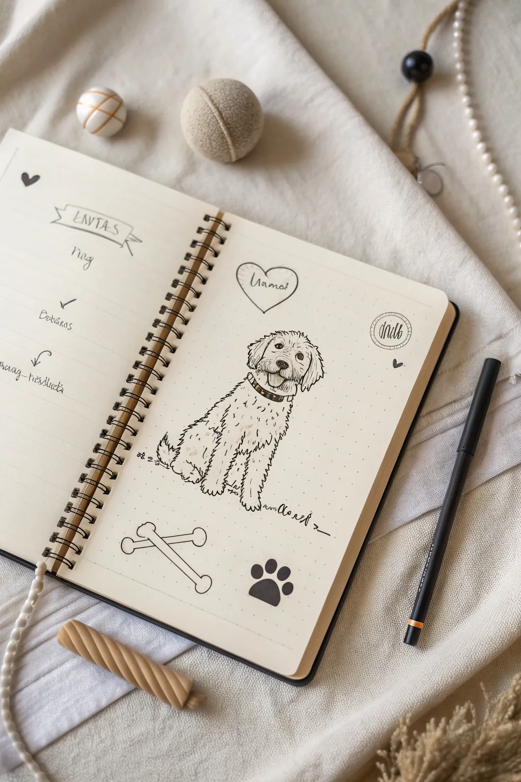 Pets and Animal Pals: a centered pet sketch with minimal boho callouts and paw-print border.