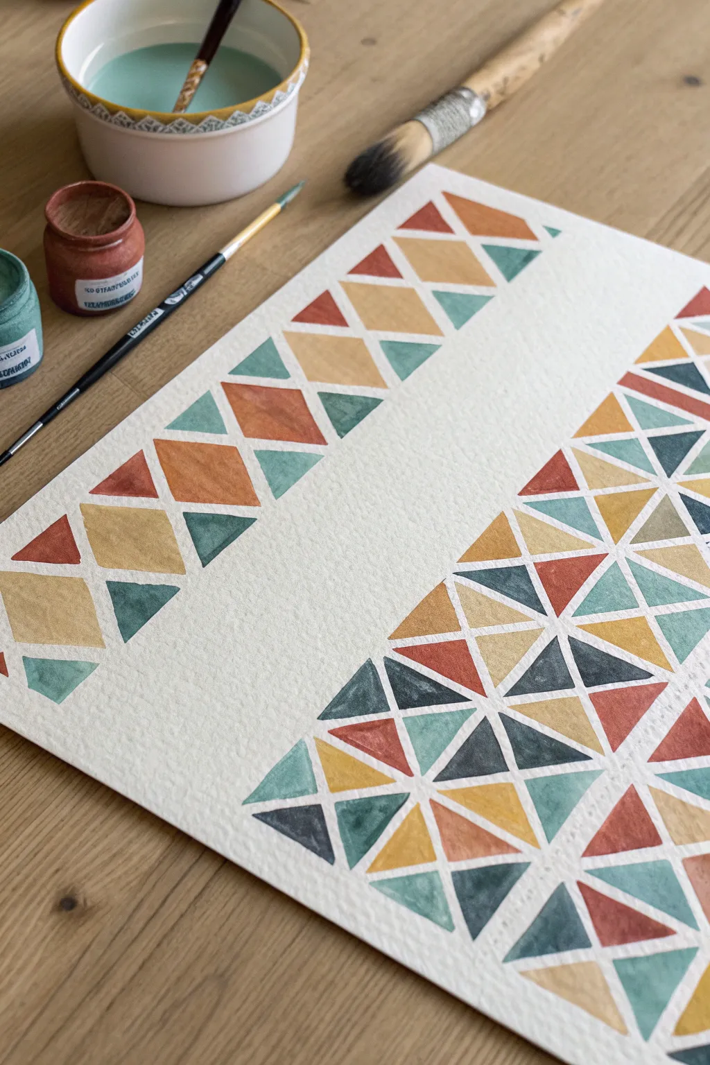 Bold tape-resist geometry with a satisfying peel reveal, simple Scandinavian-boho vibes