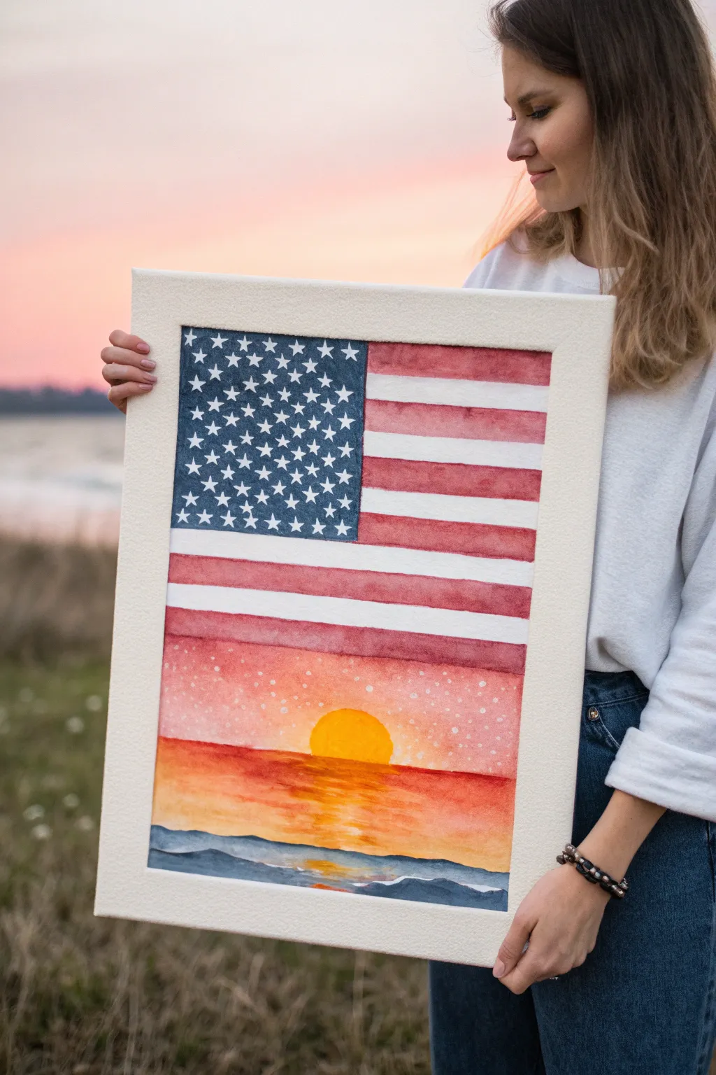 Minimal sunset flag painting: glowing horizon, bold stripes, and a calm navy star corner