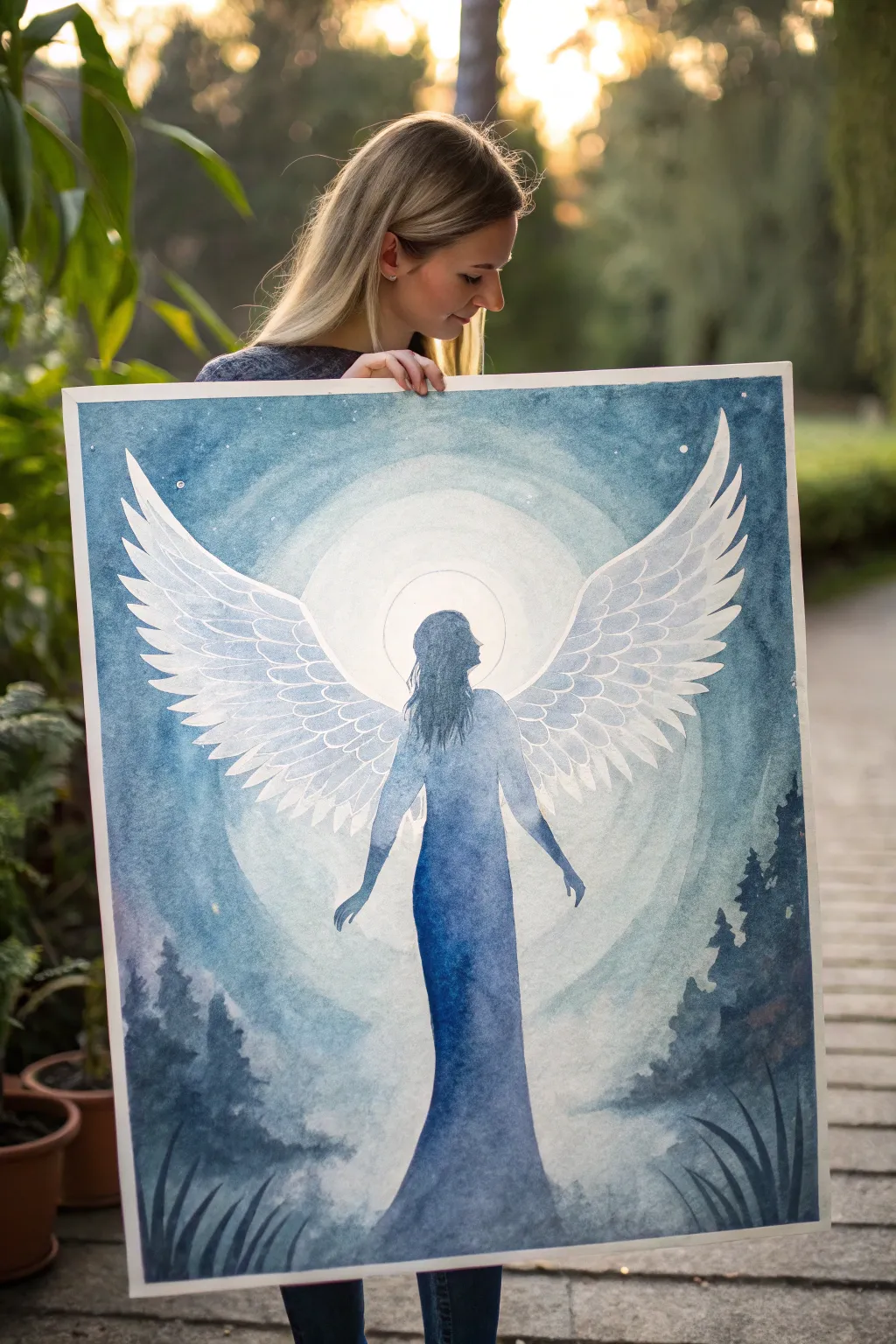 Ethereal blue-and-white angel painting with a radiant glow, minimalist and serene.