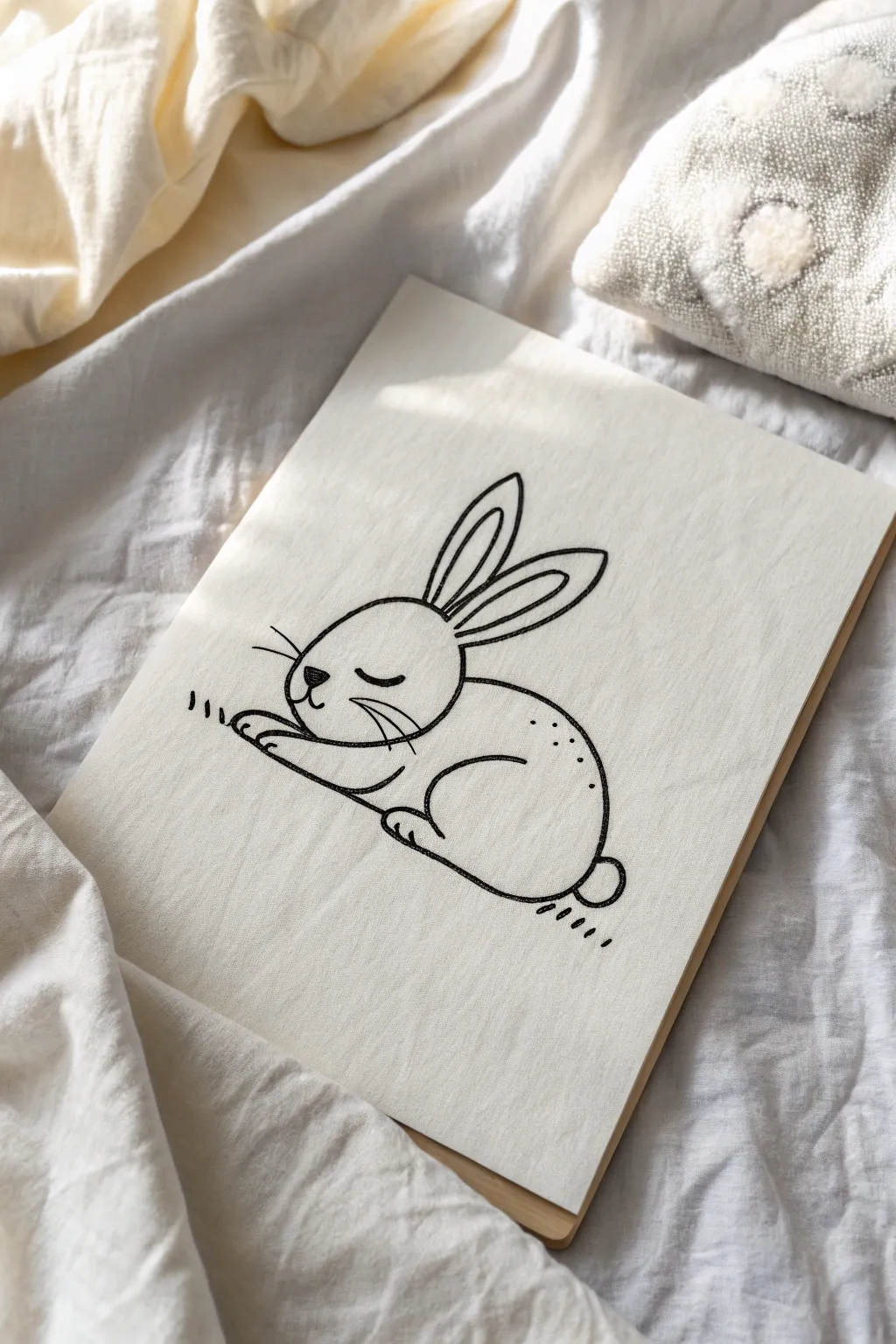 Minimal sleeping bunny line art, calm Scandinavian simplicity with a soft boho handcrafted feel