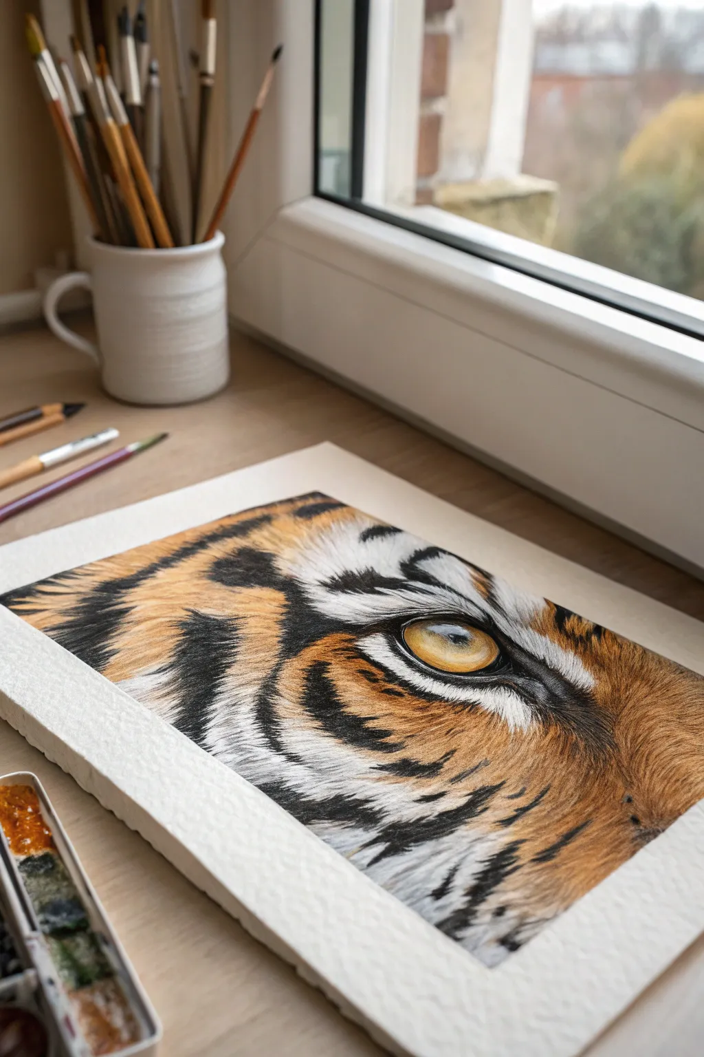 Intense tiger eye close-up with glossy detail and flowing stripes for striking animal painting ideas