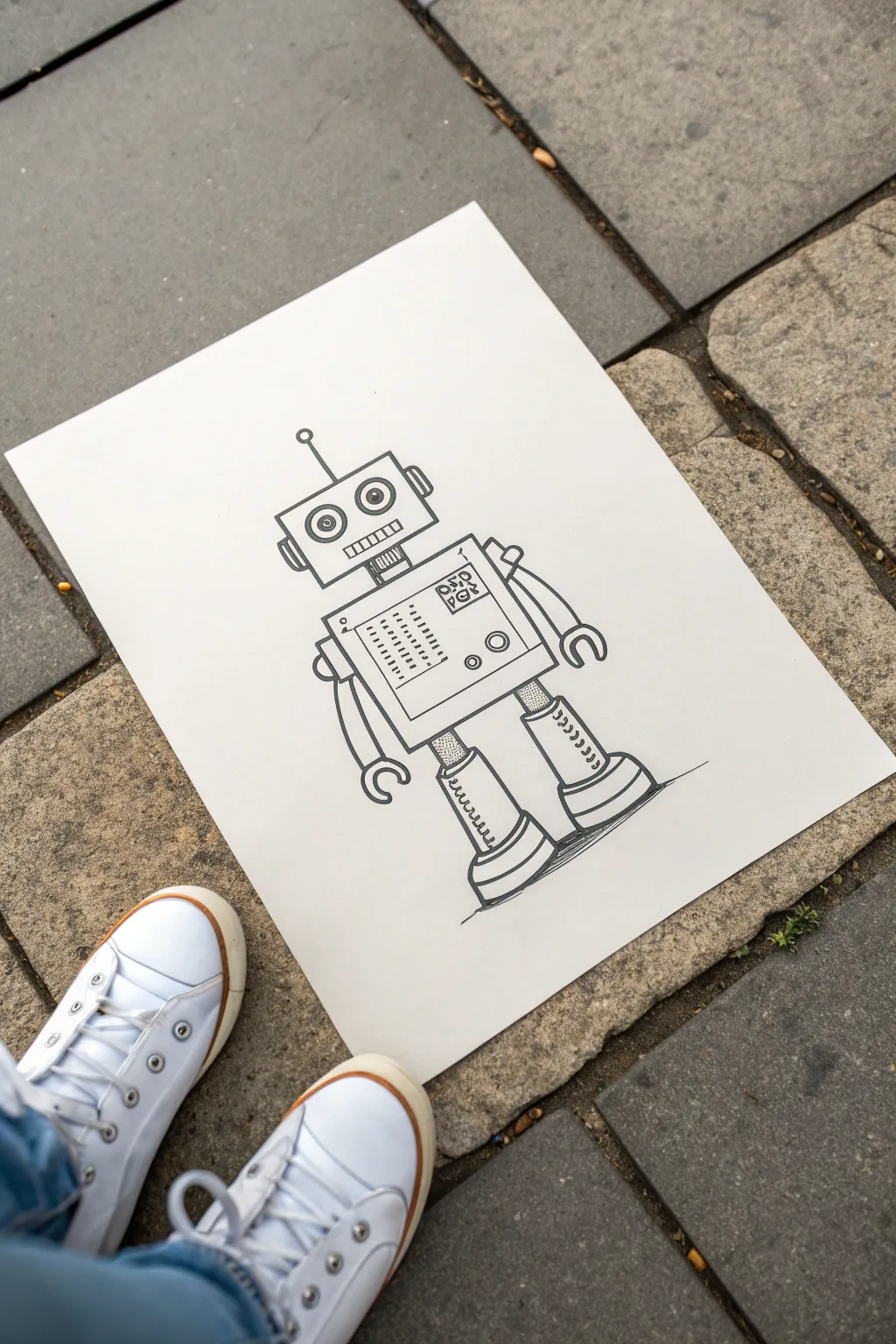 Friendly robot panel drawing in bold lines, simple shapes, and calm Scandinavian minimalist style