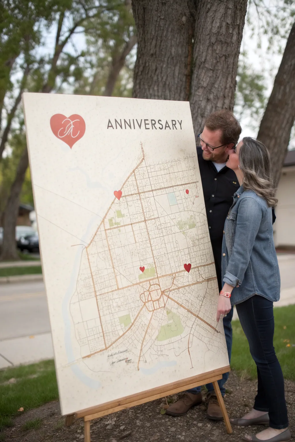 Minimal map canvas with a heart pin and coordinates, perfect for a where we met anniversary gift.