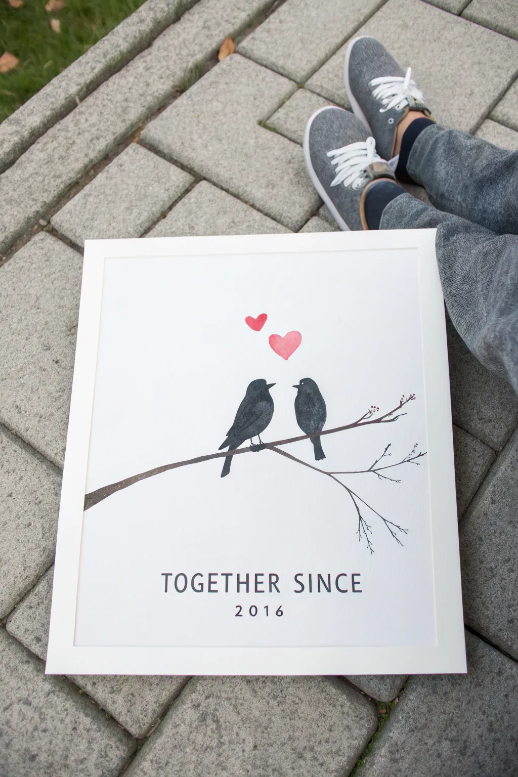 Easy anniversary painting: love birds on a branch with a tiny heart and Together Since year.