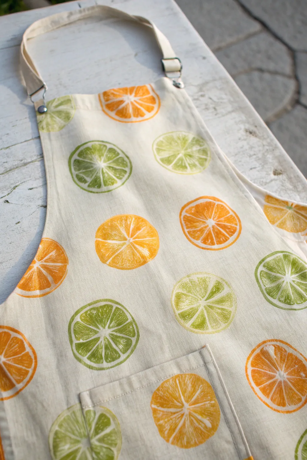Bright citrus slice pattern on a linen apron, minimalist boho styling for fresh painting inspiration.