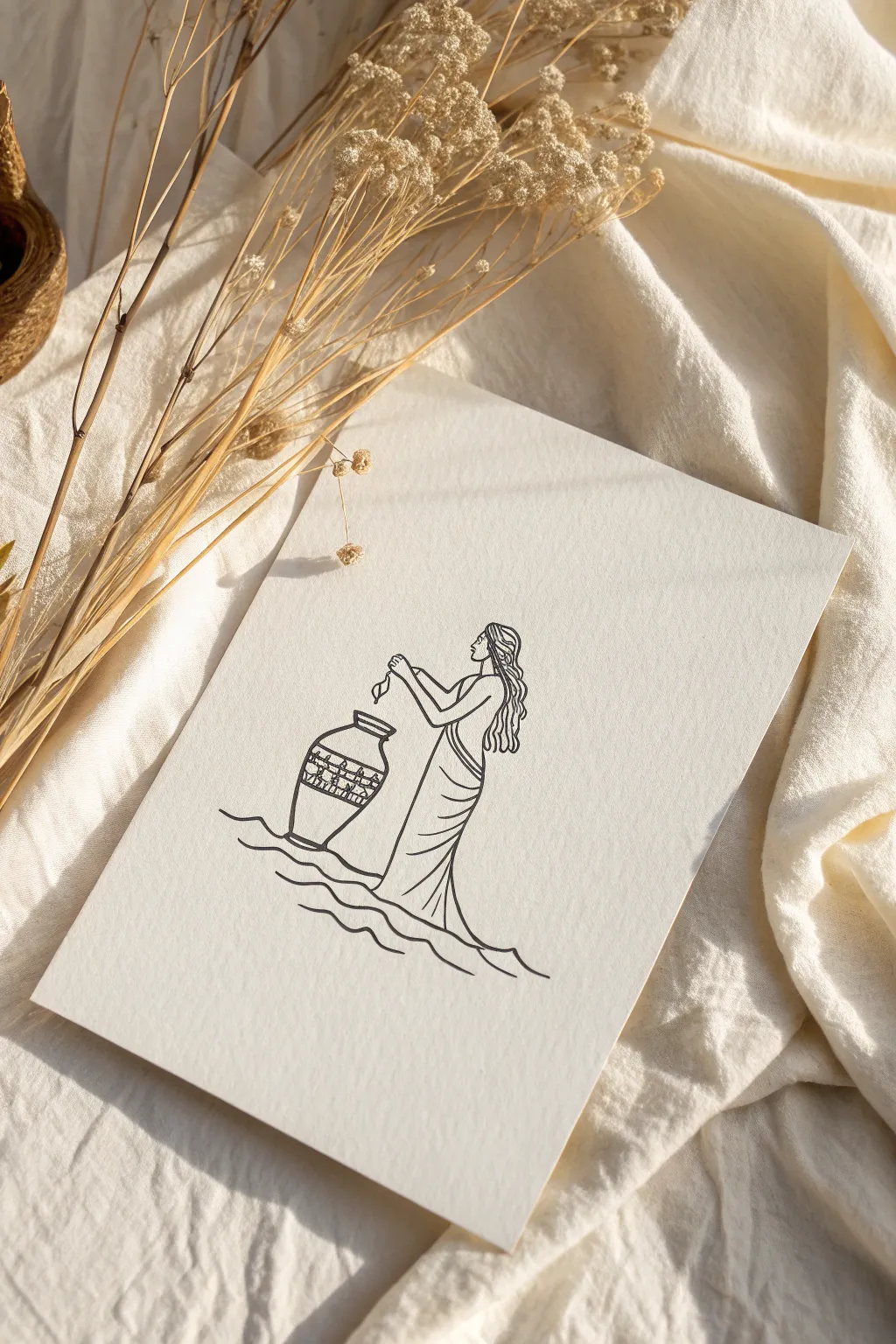 Minimal one-line Aquarius: graceful figure with urn and a single wave, easy to recreate.