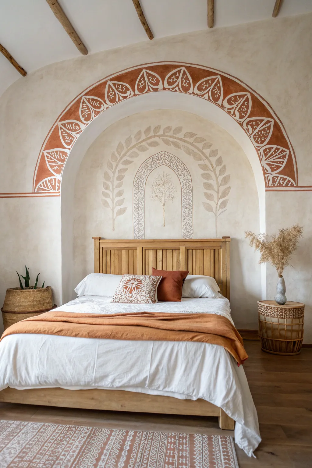 Oversized terracotta arch mural behind the headboard for a cozy niche effect.