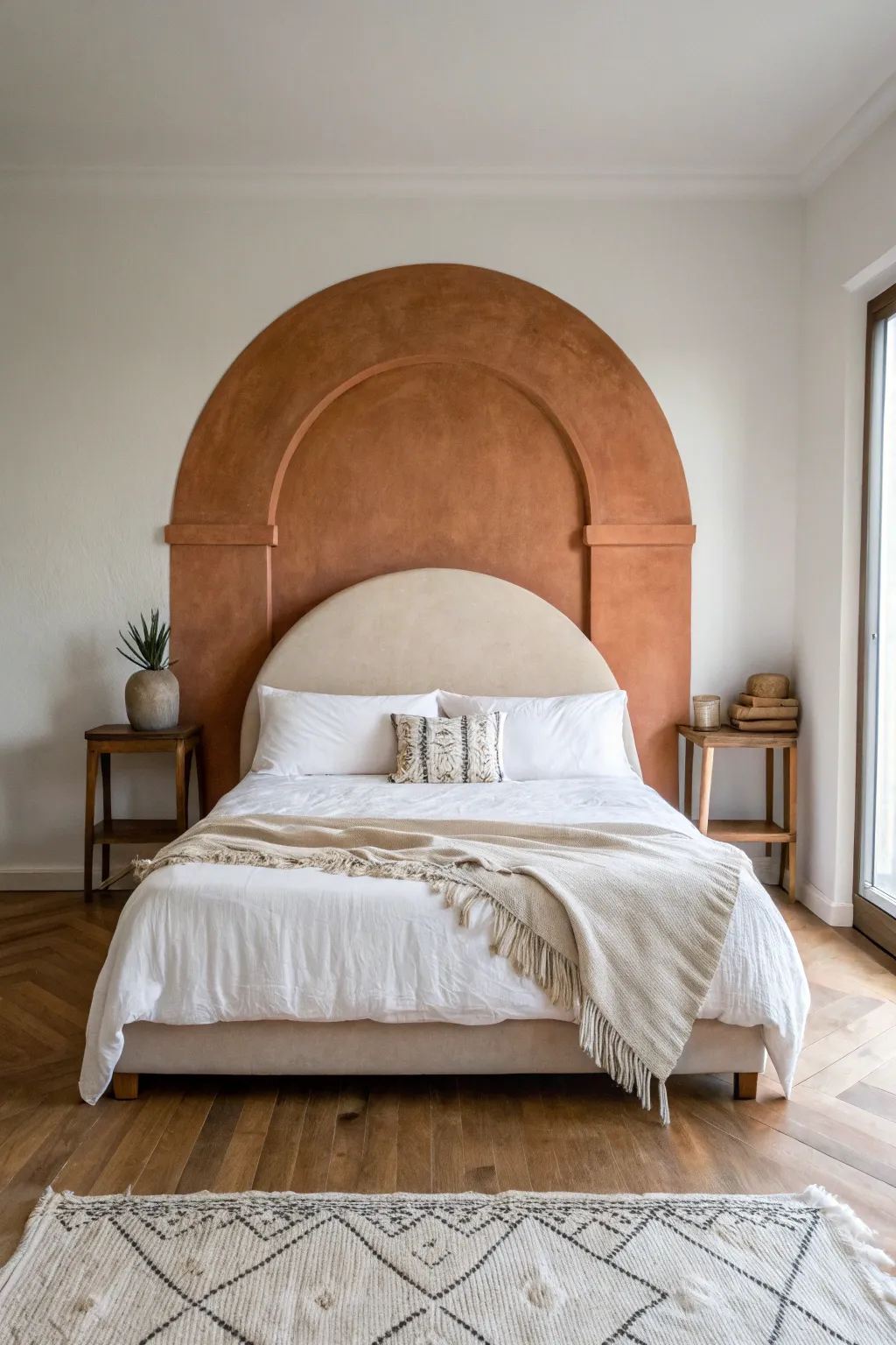 Create a faux painted arch headboard for an instant cozy, minimalist statement above the bed.