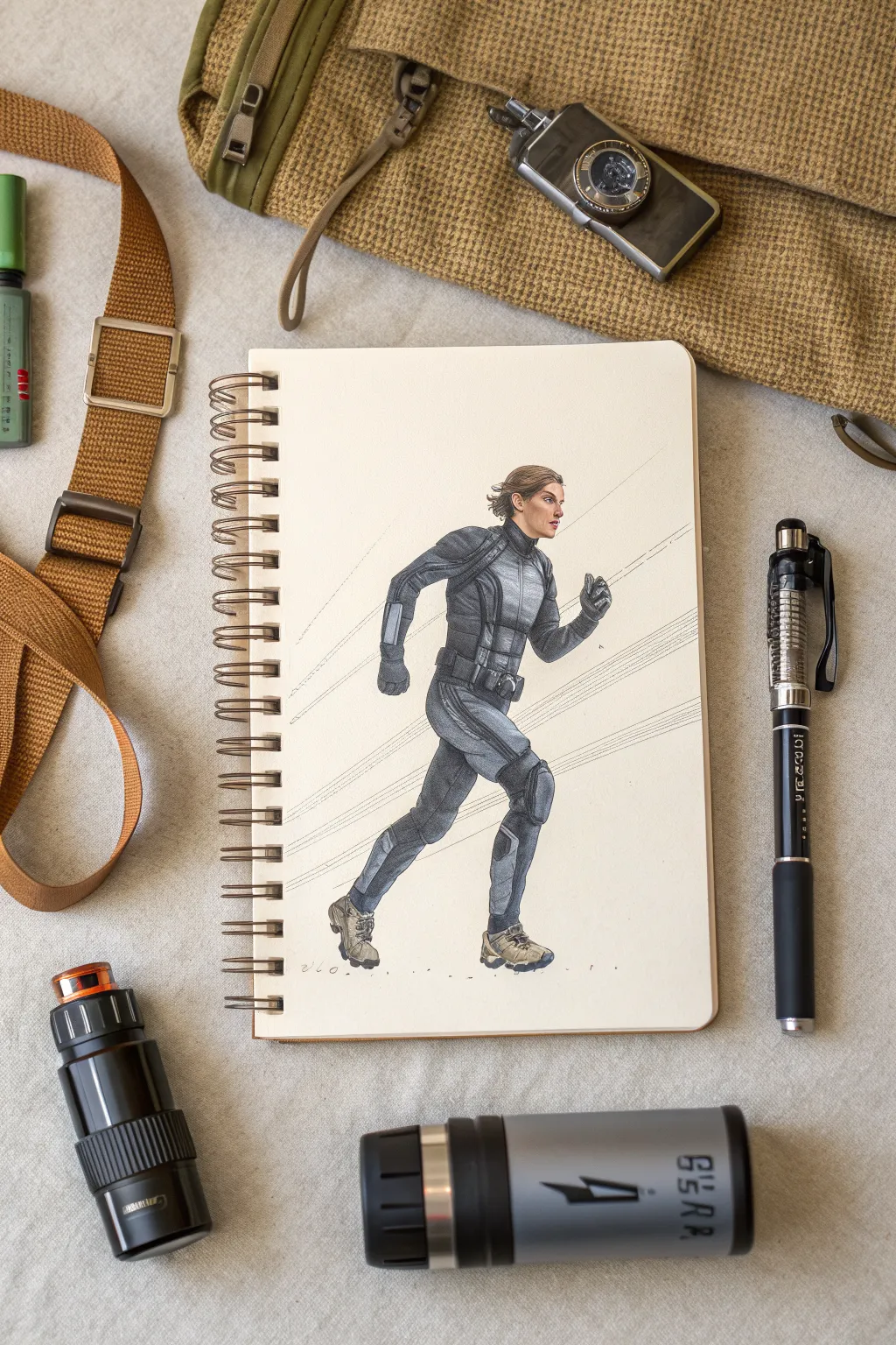 Sci-fi courier sprinting with utility gear, minimalist city backdrop, ready for your sketchbook.