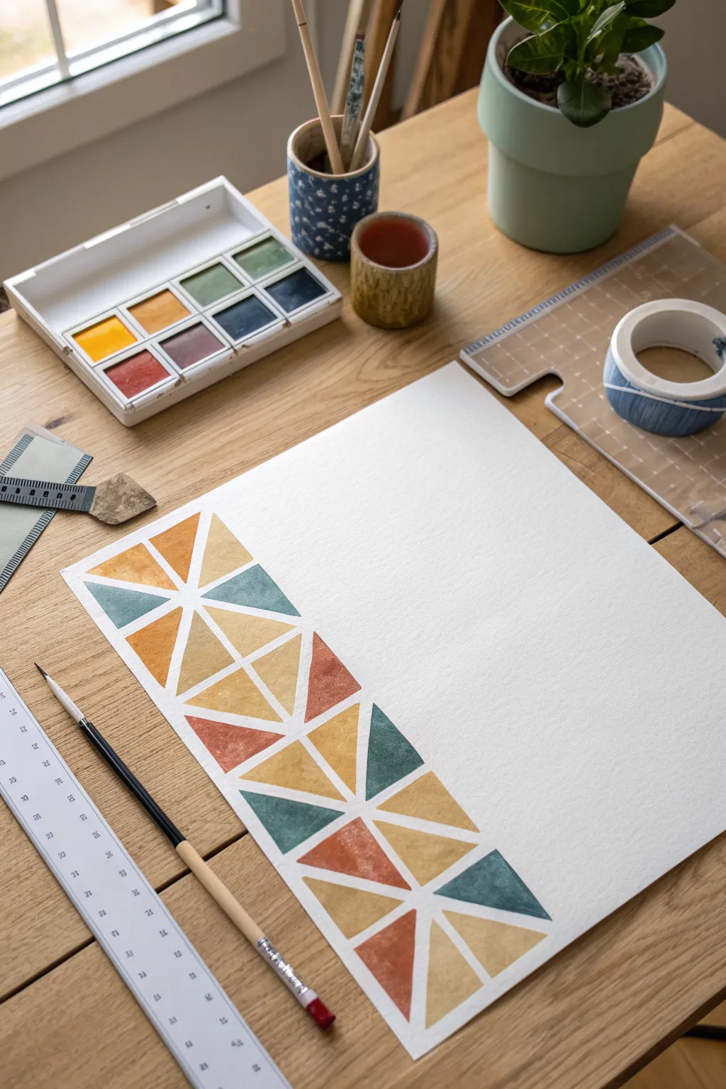 Crisp tape-resist geometry in bold blocks of color, captured mid-peel for instant art club inspiration.