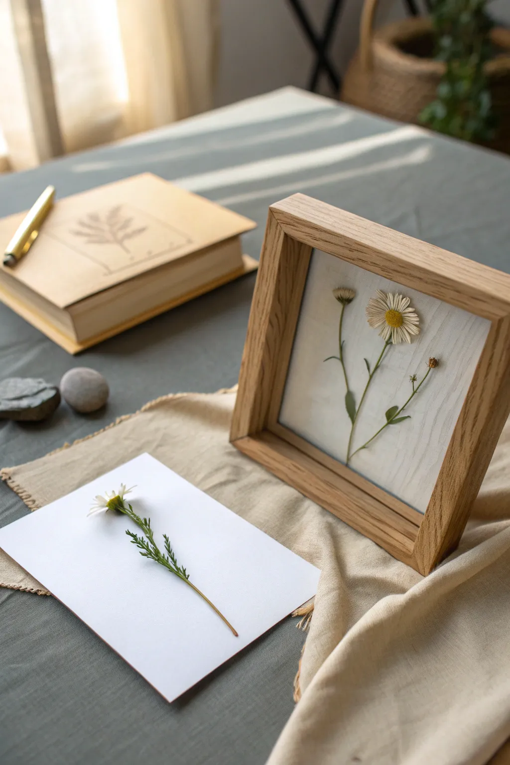 Memorial keepsake artwork idea: a simple pressed-flower shadow box in calm, muted tones