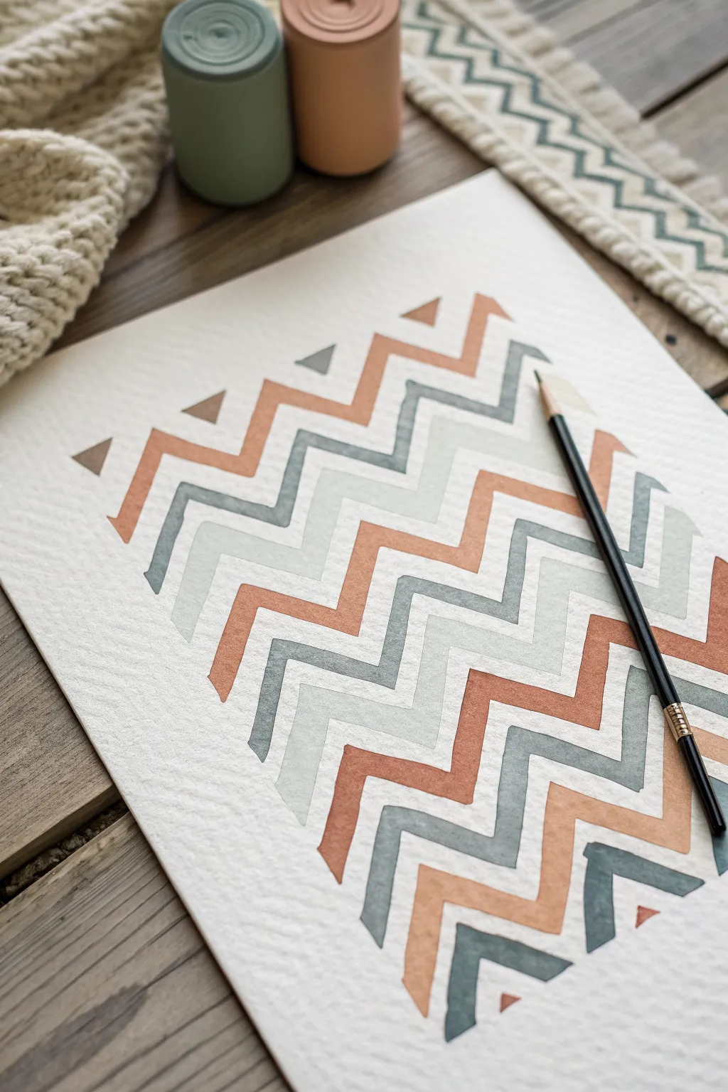 Minimal chevron and zigzag rows in terracotta and sage for modern pattern inspiration