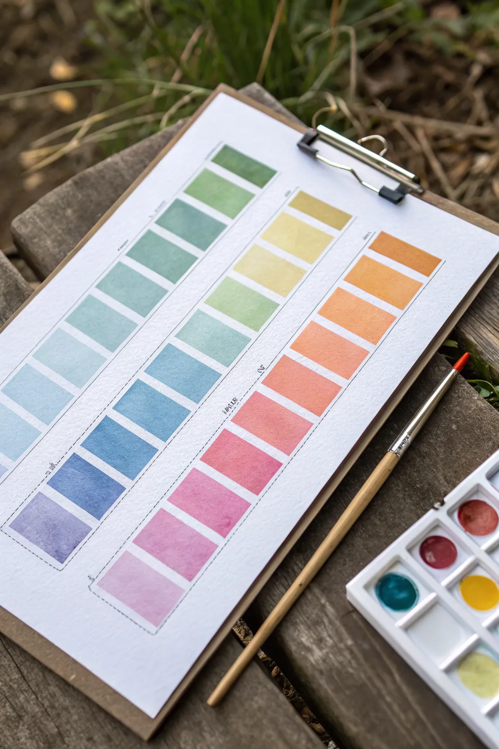 Mix moods and colors: a simple swatch chart with a tiny painting to spark your next art idea.