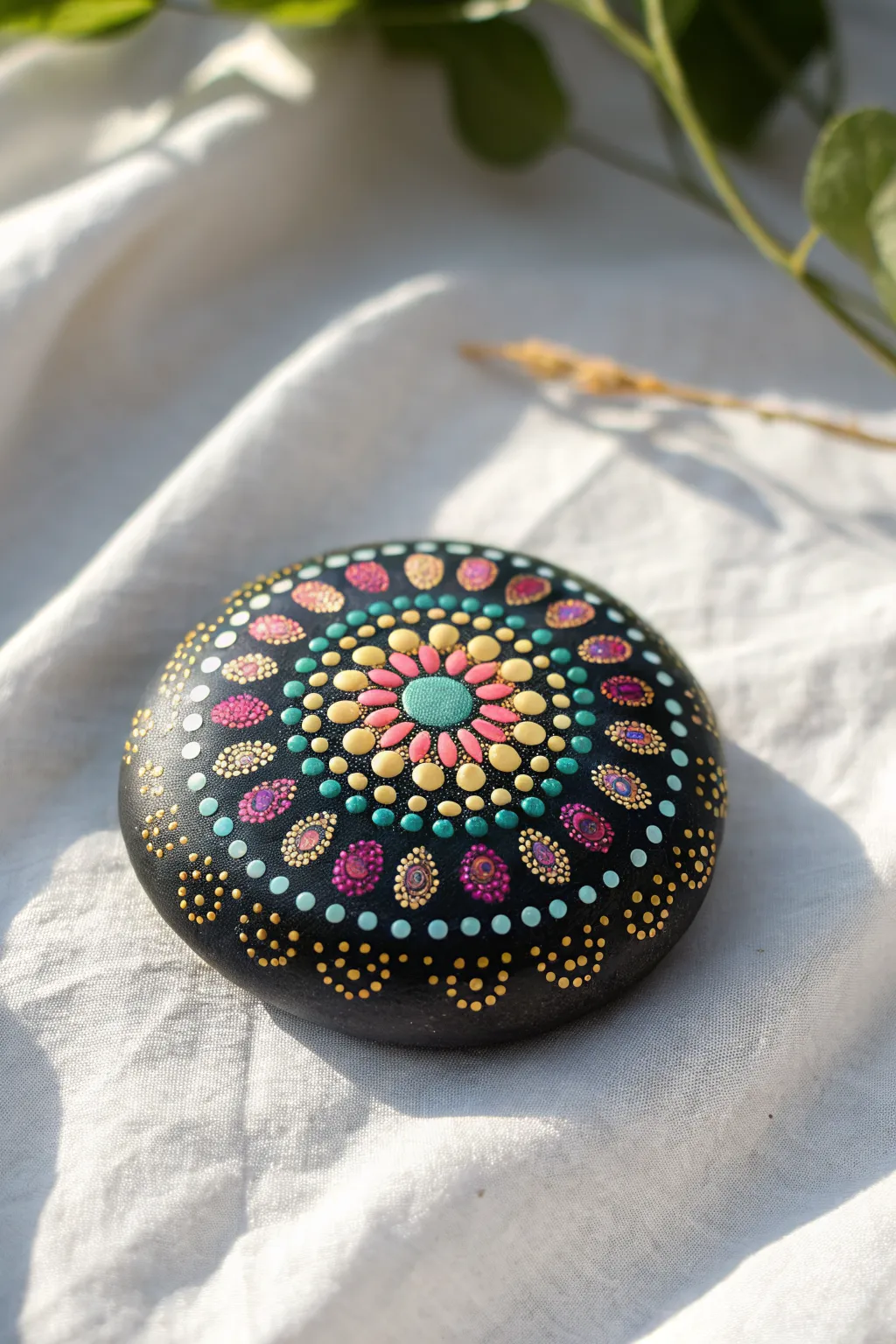 A single dark stone with vibrant mandala dot art, styled in soft minimalist boho flat lay.