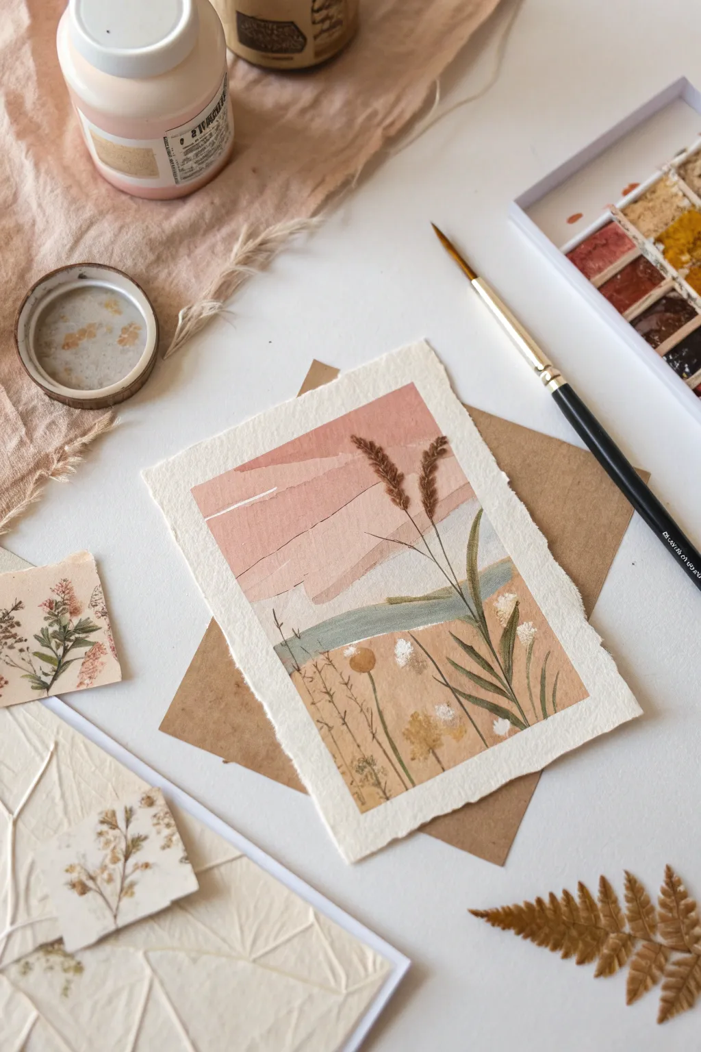 Collage-first ATC layering: torn papers, glue textures, and soft boho neutrals in progress