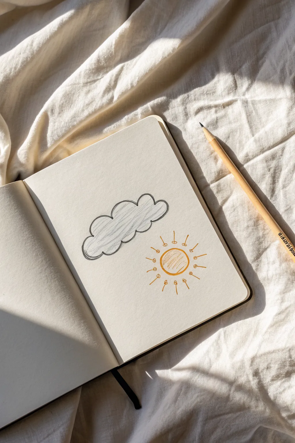 Draw a glowing sun peeking behind a cloud, perfect for practicing soft backlighting and rays