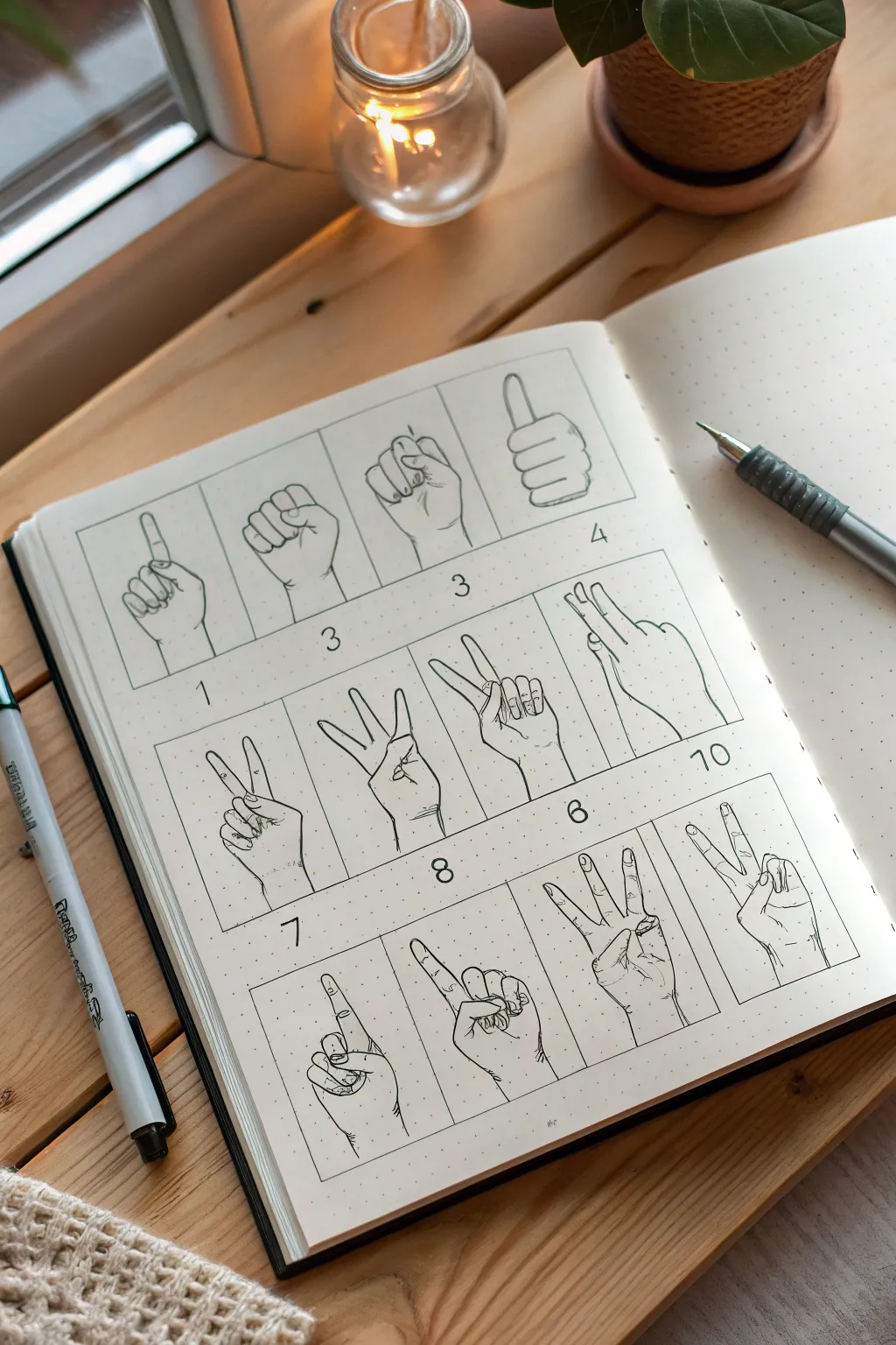 Clean sketchbook study page of ASL number handshapes, minimalist graphite with soft boho warmth