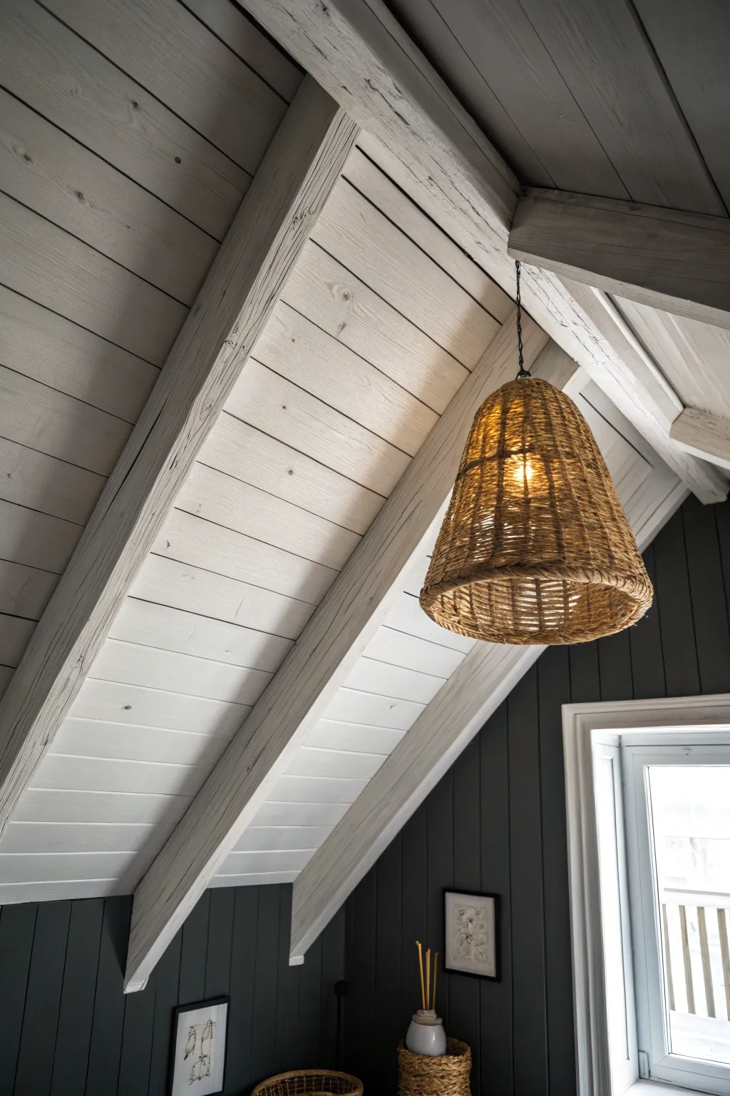 Dark attic walls with one bright painted beam and warm lamplight for cozy, dramatic contrast
