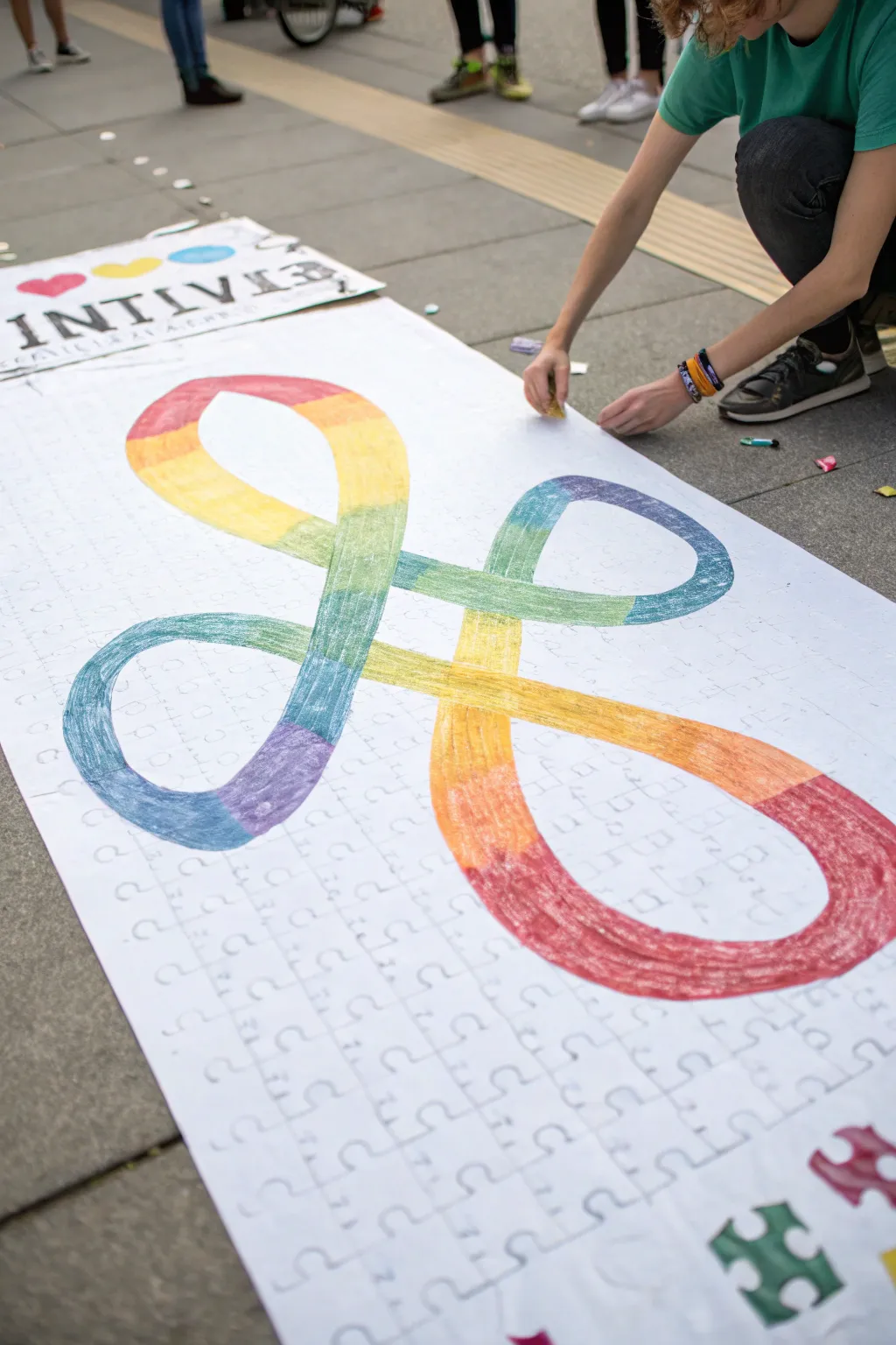 Minimalist autism awareness poster layout with infinity symbol and an easy repeating border