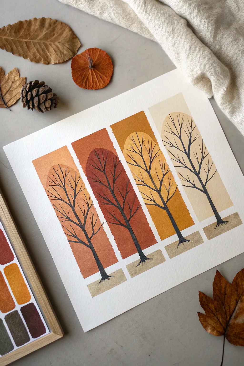 Modern color-blocked fall trees in bold autumn hues for a minimalist Scandinavian boho vibe.