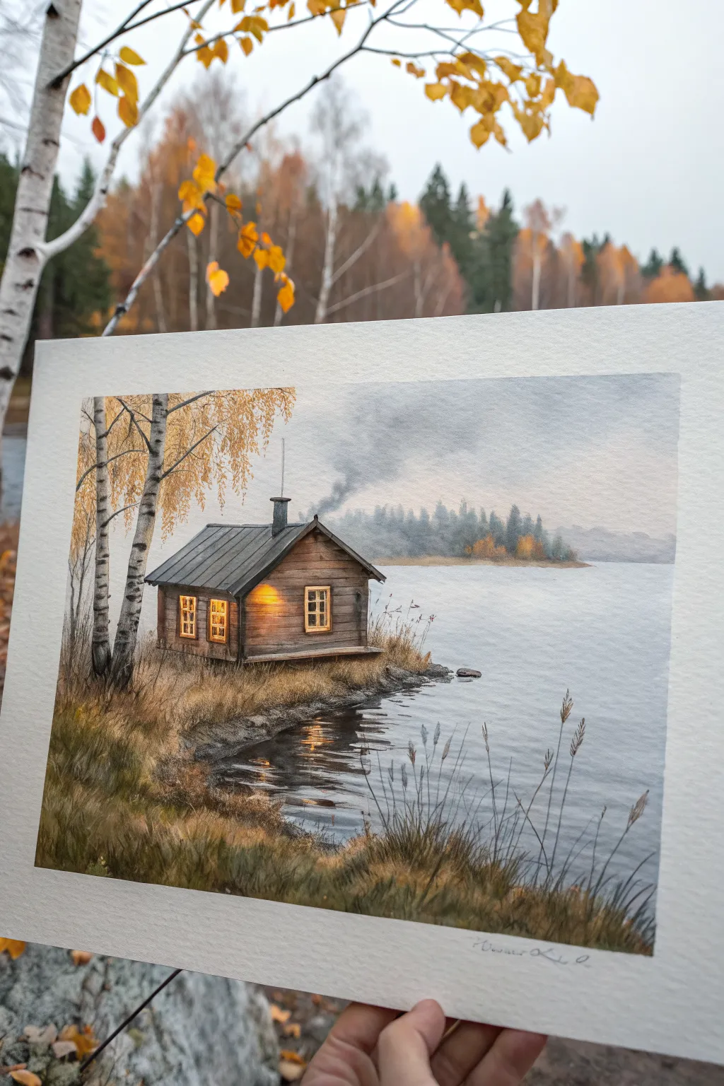 Cozy cabin by a quiet lake, golden trees and misty light for simple autumn painting inspiration.
