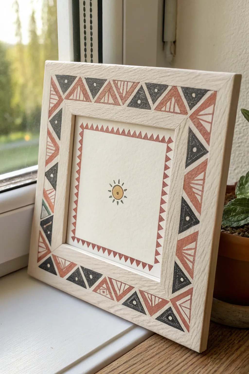 Minimal Aztec glyph border frame painting in black and terracotta, perfect for a modern boho wall.
