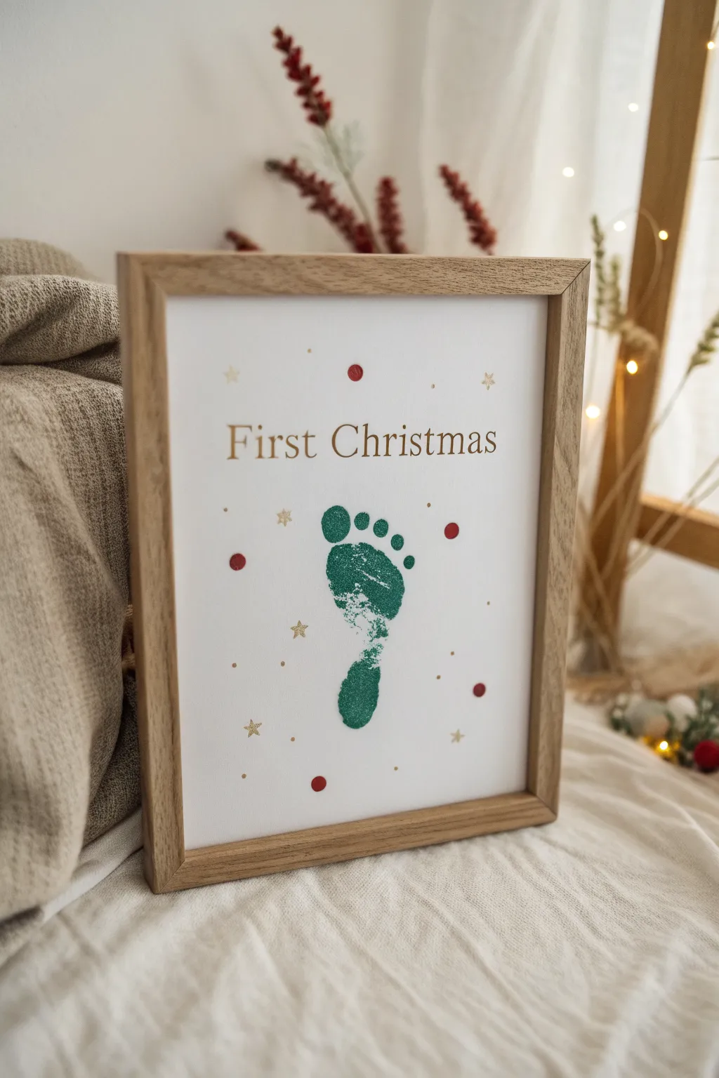 Minimal First Christmas keepsake: one green footprint with red and gold accents in a simple oak frame.