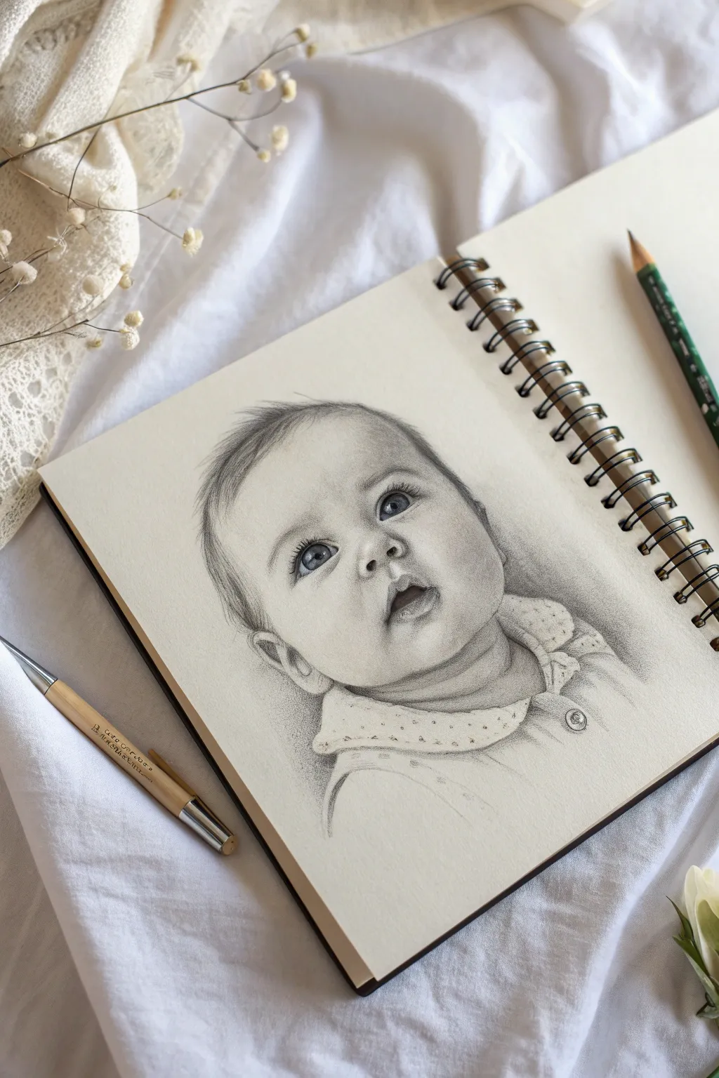 Soft shading study of chubby baby cheeks and cupid bow lips, minimalist and beautifully cozy