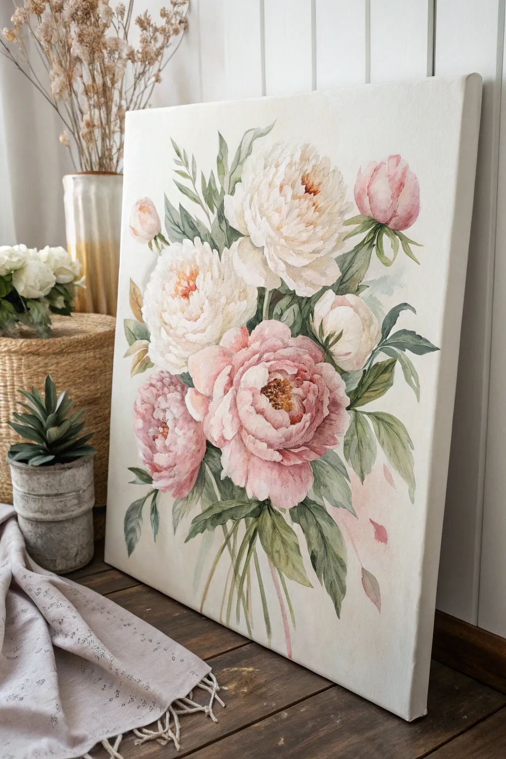 Watercolor peony cluster in blush and cream, a sweet minimalist canvas idea for a baby girl.
