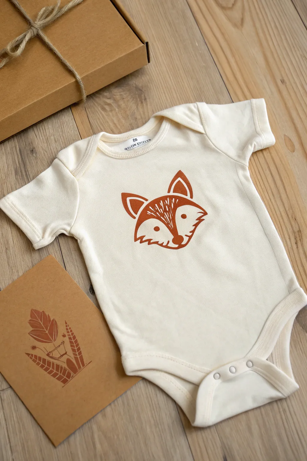 Crisp woodland animal stencil on a cream onesie, with stencil lift and cardboard insert visible