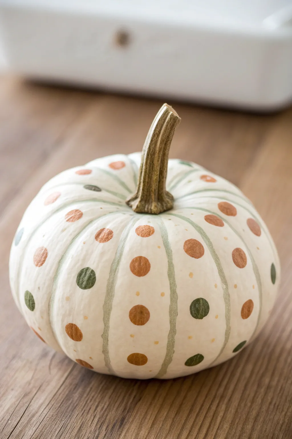Minimal boho polka-dot baby pumpkin made with simple sponge dabs, high-contrast and toddler-friendly.