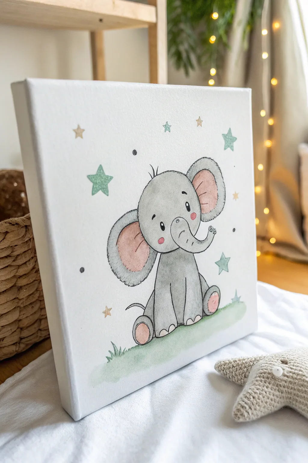 Minimalist baby elephant canvas in soft grays with blush and mint, perfect for a baby shower.