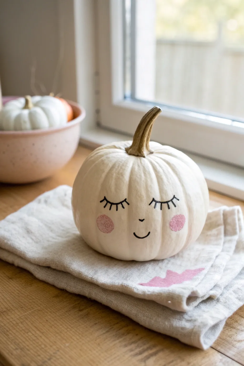 Sleepy baby face pumpkin with soft pink handprint cheeks in warm minimalist nursery light