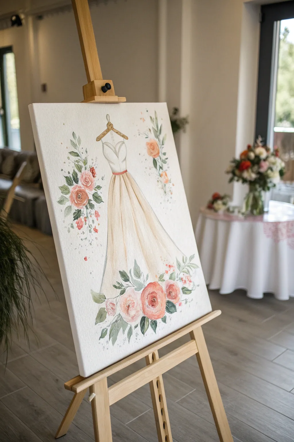 Floral wedding dress canvas for a chic bachelorette paint and sip, simple, feminine, and fun