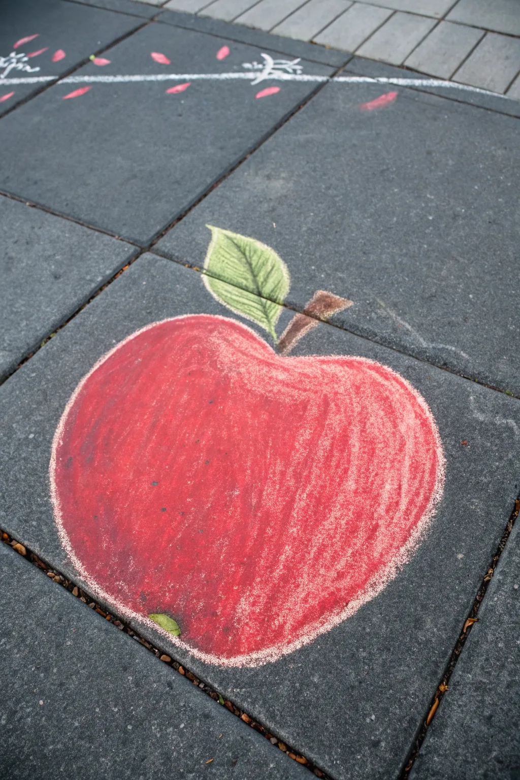 Bold red chalk apple on dark sidewalk, minimalist back to school mood with handmade texture.