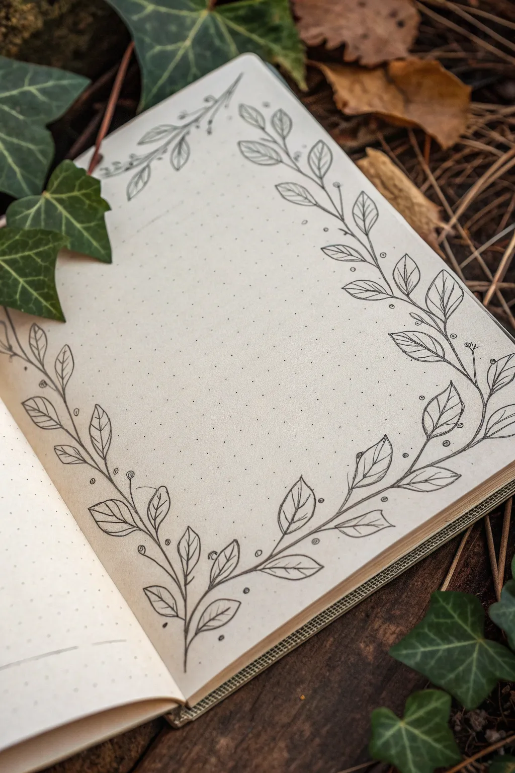 Minimal leafy frame with curling vines and a clean center, perfect as a drawing background