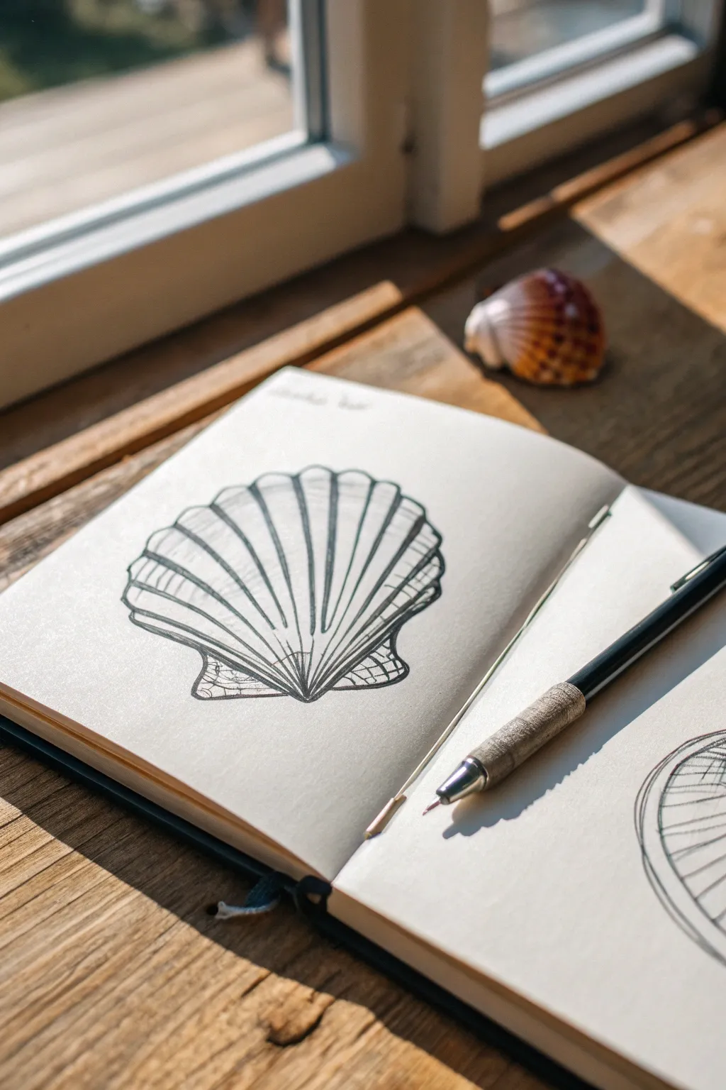 Ballpoint seashell study with curved hatching and a bold shadow for clean, modern contrast