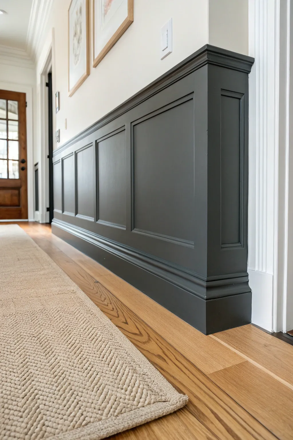 Moody charcoal baseboards bring graphic contrast to a light entryway with warm natural textures.