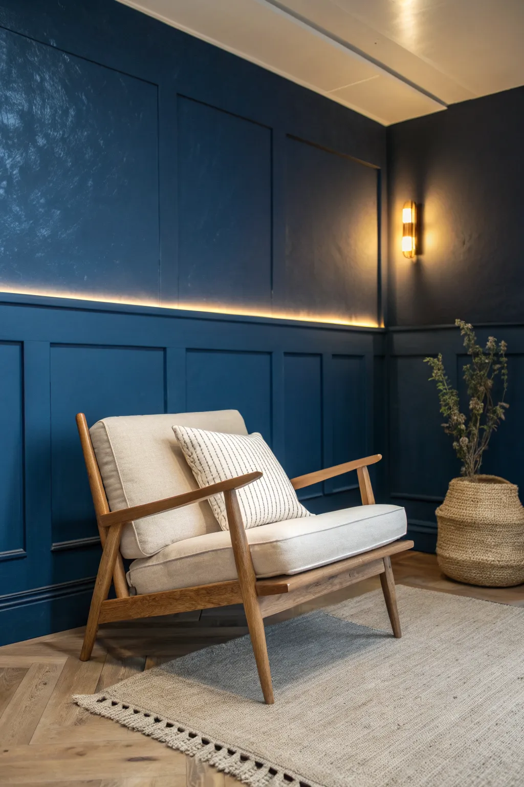 Deep blue basement walls make one cozy lounge chair feel calm, minimal, and inviting.