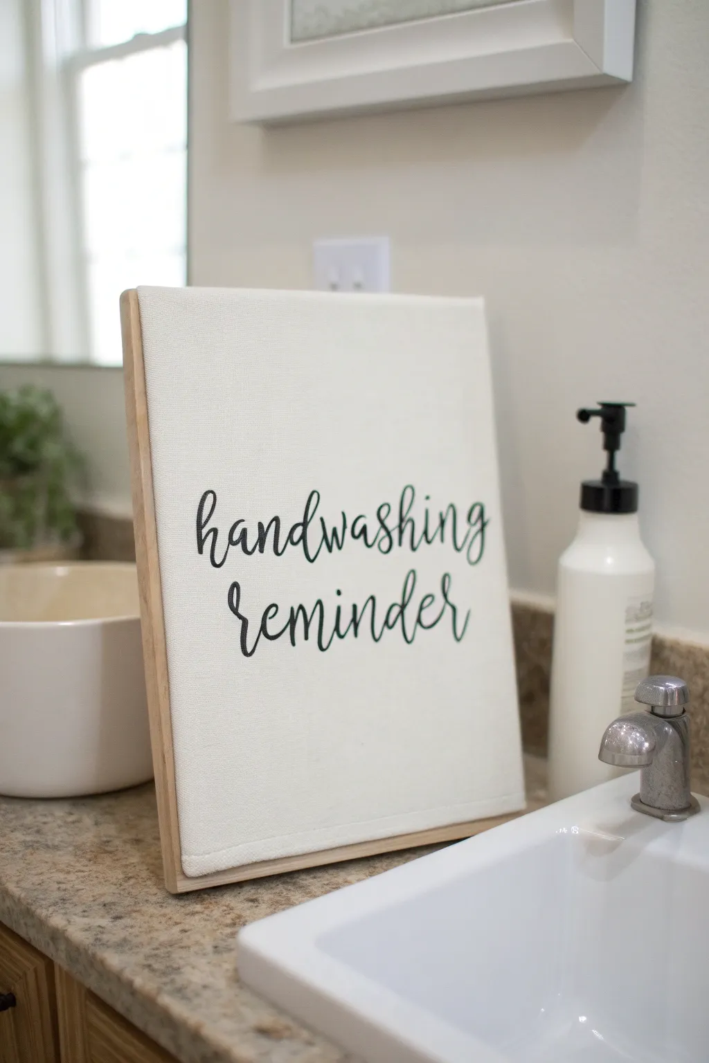 Scandi-boho bathroom canvas with handwashing-style script, simple styling and clean contrast.