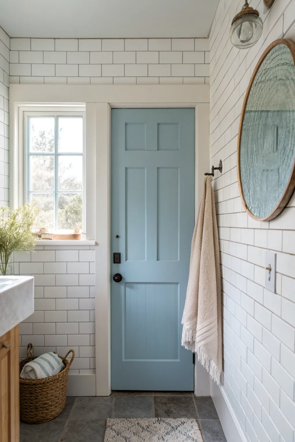Airy powder blue door against white tile for a clean, bright bathroom refresh