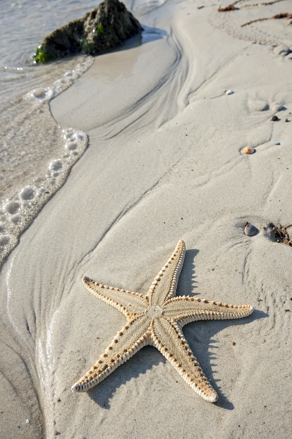 Starfish sand drawing with dotted texture, minimalist beach art to try at low tide
